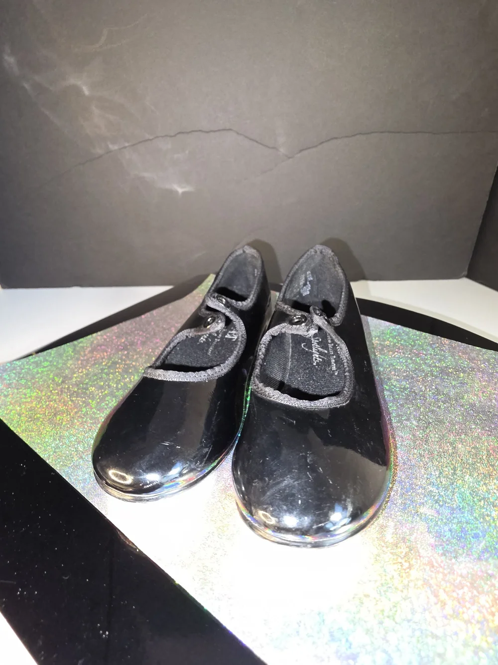 ABT American Ballet Theater Spotlights Black Patent Tap Jazz Shoes Sz 8.5 Flaw**